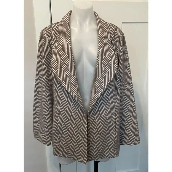 CHICOS Womens Open CARDIGAN Long Sleeve TAUPE White STRIPE Size 2 (L/12) - Picture 1 of 5